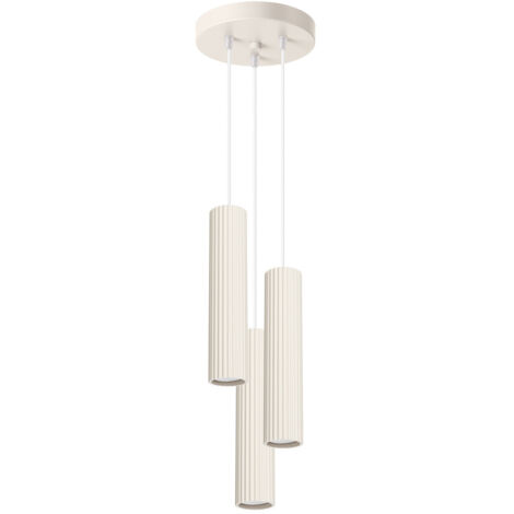 Lámpara colgante redonda moderna de color beige, Ø20 cm, con tres tubos corrugados, ideal para el salón o la cocina, sobre la isla (3 bombillas GU10 de 10 W), marca KARBON Sollux Lighting.