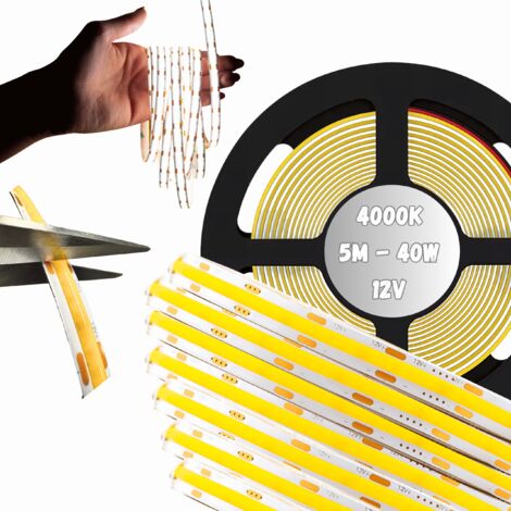 Tira LED COB de 12 V, rollo de 5 m, tira de neón, línea neutra, 800 lm/m, 8 W/m, alta potencia. (1/5)