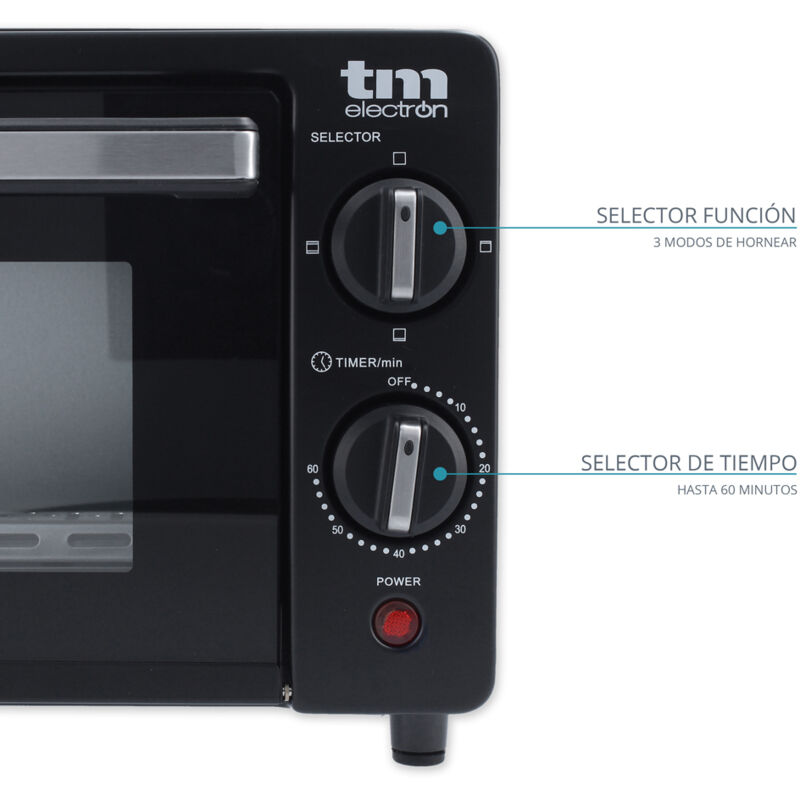 TM Electron TMPHO001BK mini horno tostador 800W, 10L de capacidad y 3 modos  de calentamiento