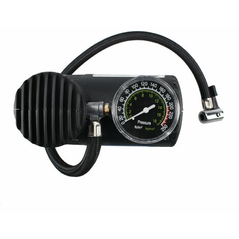 Ferrestock FSKCOM001 Mini compresor de aire con 12V, 250PSI, 20.7 bares, 35L de descarga por minuto y 4 adaptadores para neumáticos de bicicleta, balones y colchonetas