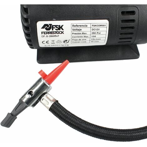 Ferrestock FSKCOM001 Mini compresor de aire con 12V, 250PSI, 20.7 bares, 35L de descarga por minuto y 4 adaptadores para neumáticos de bicicleta, balones y colchonetas