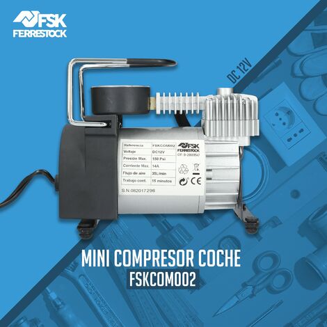 Ferrestock FSKCOM002 Mini compresor de aire reforzado de 12v para toma de automovil para inflar neumáticos de coche, moto, bicicleta y colchonetas con 150 PSI