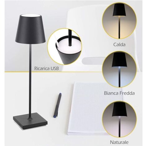 LAMPADA DA TAVOLO LED RICARICABILE BAR RISTORANTE TOUCH DIMMER NERA