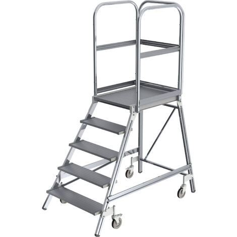 Günzburger Steigtechnik Escalier à palier praticable d'un côté avec roulette à ressort aluminium strié 5 marches - 050105 (1/5)