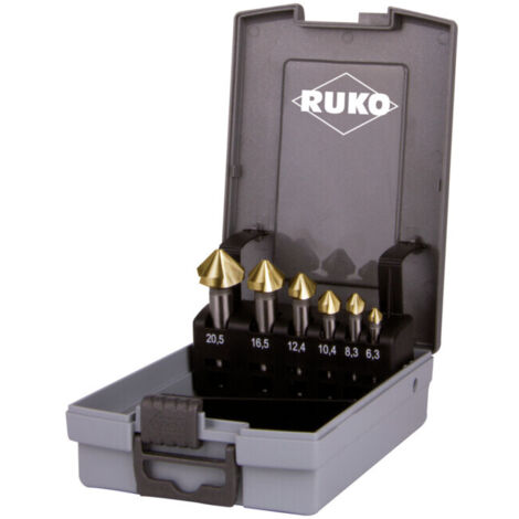 RUKO Fraises coniques et ébavureuses 6 pièces DIN 335 Forme C 90° HSS-TiN Ø 6,3 - 20,5 mm en cassette plastique ABS - 102152TRO (1/5)