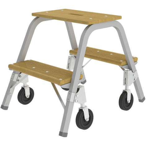Günzburger Steigtechnik Marchepied en acier et bois avec roulettes fixes 2 x 2 marches - 039012 (1/2)