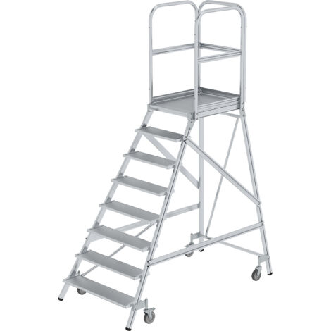 Günzburger Steigtechnik Escalier à palier praticable d'un côté avec roulette à ressort aluminium strié 8 marches - 050108 (1/5)