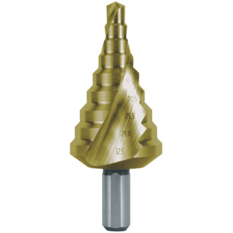 Structure NomRUKO Foret étagé HSS-TiN à queue hélicoïdale avec affûtage en croix pour presse-étoupes métriques Taille 15 Ø 6,5 - 32,5 mm - 101092T (1/5)