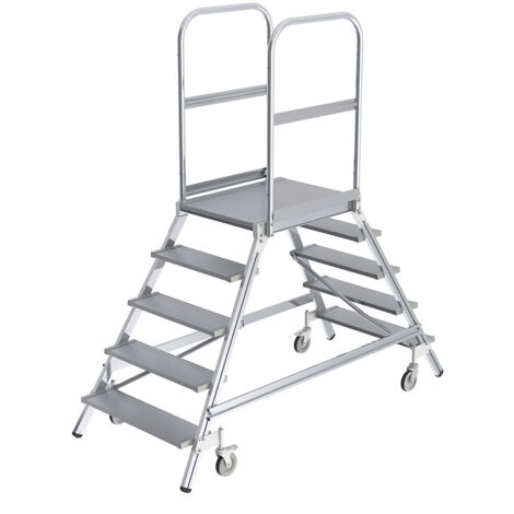 Günzburger Steigtechnik Escalier à palier accessible des deux côtés avec roulette à ressort aluminium strié 2x5 marches - 050205 (1/3)