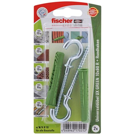 Fischer 2x Cheville universelle UX GREEN 10 x 60 mm R RH avec collerette et crochet rond - 520710 (1/4)