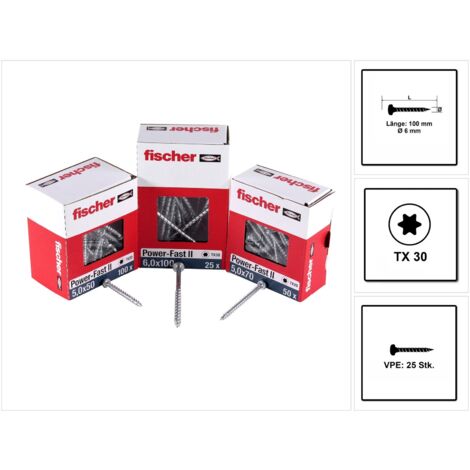 Fischer 25x Power-Fast II FPF II PTP 6 x 100 mm BC tête cylindrique avec six pans creux TX partiellement filetée galvanisée zinguée bleu passivé - 670533 (1/5)