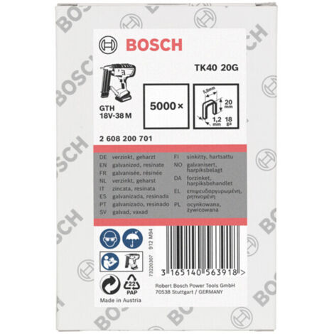 Agrafe TK40 20G Bosch, 1,2 mm, 20 mm, galvanisée -2608200701