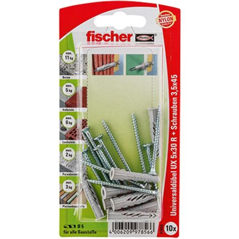 Fischer 10x Cheville Universelle UX 5x30 R S avec collerette et vis - 97856 (1/2)