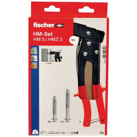 Fischer – Kit de montage 20 chevilles métalliques HM 5x52 et 5x65 – Pince de montage incluse – Fixation pour matériaux creux jusqu'à 34 mm