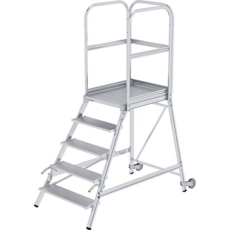 Günzburger Steigtechnik Escalier à palier accessible d'un côté avec roulettes & poignées Aluminium strié 5 marches - 056105 (1/3)