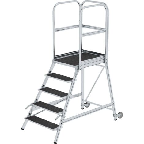 Günzburger Steigtechnik Escalier à palier accessible d'un côté avec roulettes &amp poignées Revêtement corindon R13 5 marches - 055105 (1/2)