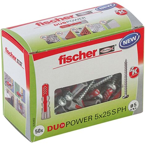 Fischer – Boîte de 50 chevilles bi-matière Ø 5 x 25mm – Pour béton, brique, panneaux – Charge maximale 50kg – Vissage rapide avec vis fournies