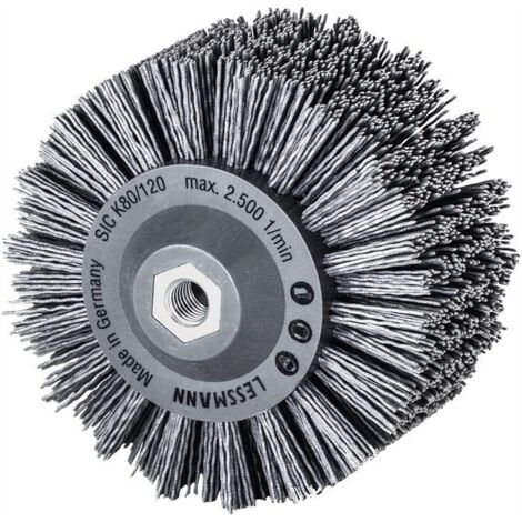 Brosse ronde M14 402880 – Poils abrasifs SiC grain 80 – Ø 140mm – Pour aluminium, inox, acier, bois – Vitesse max 2500min⁻¹ – Lessmann