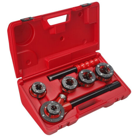 Virax – Coffret de filières rondes BSPT Droite 1/2 - 3/4 - 1 - 1.1/4 – Pour acier et inox – Cliquet réversible – Poignée ergonomique