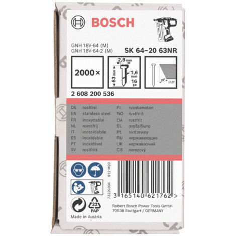 Bosch Clou à tête fraisée SK64 20NR, acier inoxydable 63 mm - 2608200536