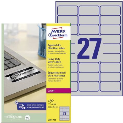 Avery-Zweckform L6011-100 Etiquette plaques signalétiques 63.5 x 29.6 mm film de polyester argent 2700 pc(s) fixation p (1/4)