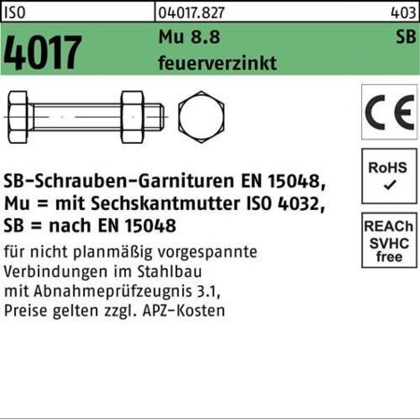 Sechskantschraube ISO 4017 VG Mutter M30x 200 8.8 feuerverz. SB 1 Stück