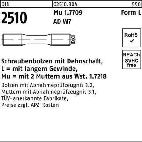Schraubenbolzen DIN 2510 Dehnschaft/2Muttern LM 20x 115 Mu 1.7709 1 Stück (1/2)