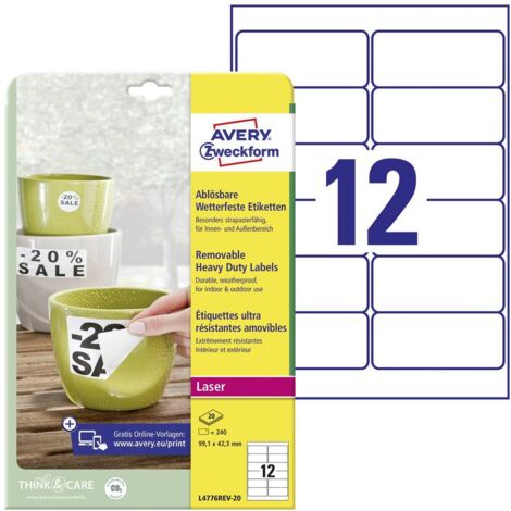 Etiquette plastique Avery-Zweckform L4776REV-20 99.1 x 42.3 mm film de polyester blanc 240 pc(s) décollable (1/4)