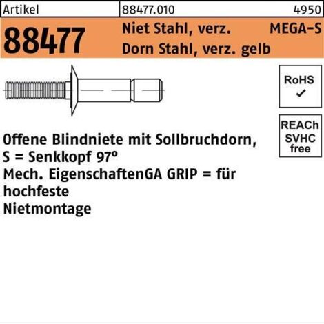 Blindniete R 88474 FLAKO 4,8x10,5 Niet Sta verz/Dorn Sta verz gelb 5000St GESIPA (1/2)