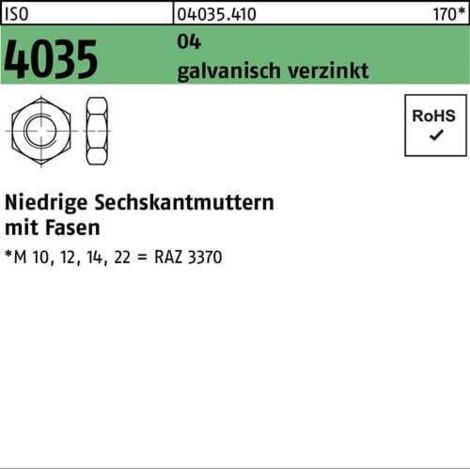 Ecrou hexagonal ISO 4035 bas chanfrein M8 Acier de décolletage galv. 100p. (1/2)