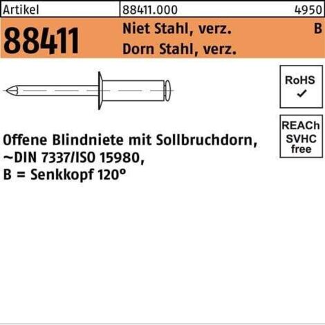 Rivets aveugles R 88411 SEKO 3x 6 Rivet acier galv./Tige acier galv. 500p. (1/2)