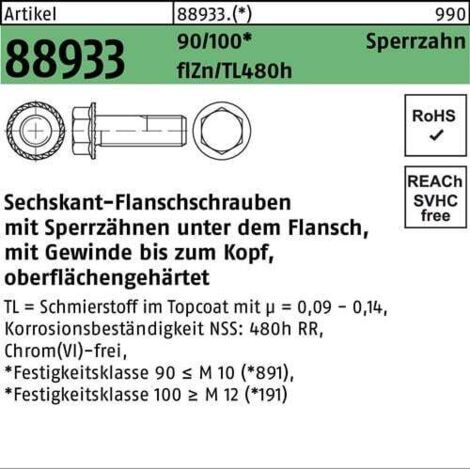 Vis à brides à tête hexagonale R 88933 Sperrz. VG M16x40 90/100 flZnnc 480h-L 50p. (1/2)