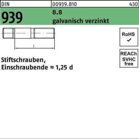 Goujon DIN 939 M8x20 8.8 galv. fin de vis=1,25d 50p. (1/2)