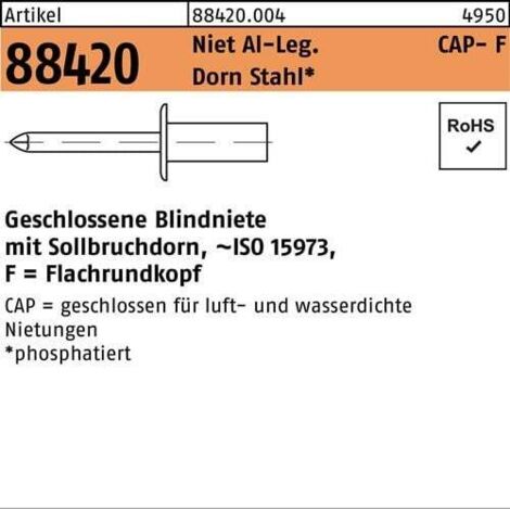 Blindniete R 88420 Flachrundkopf 4,8x9,5 Niet Aluminium/Dorn Stahl 500St. GESIPA (1/2)