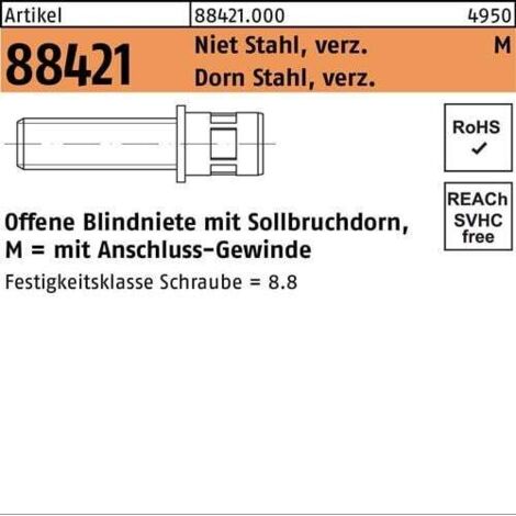 Vis à sertir en aveugle R 88421 M4x10/6x11 Rivet acier galv. / Tige acier galv. 200p. (1/2)