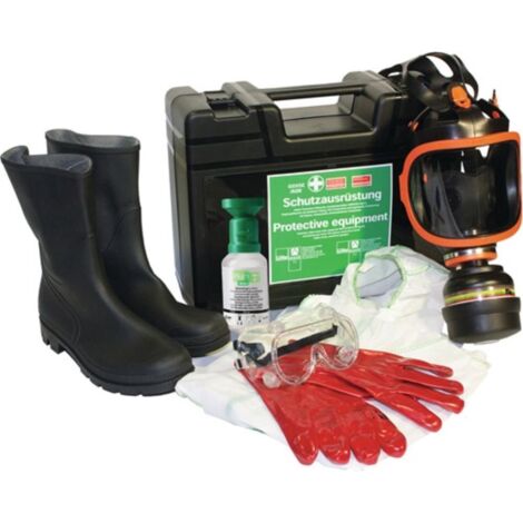 Set équipement contre marchandises dangereuses – Masque panoramique avec disque incassable – Filtre combiné A2B2E2K2-Hg-P3 – Gants et lunettes de protection