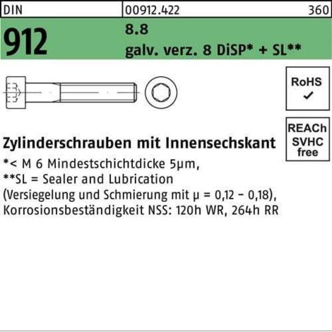 Zylinderschraube DIN 912 Innen-6kt M5x 45 8.8 gal Zn DiSP + SL 200Stück (1/2)