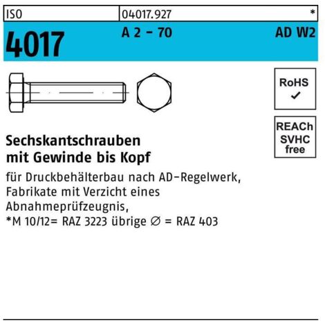 Sechskantschraube ISO 4017 VG M16x 85 A 2 - 70 AD-W2 25 Stück