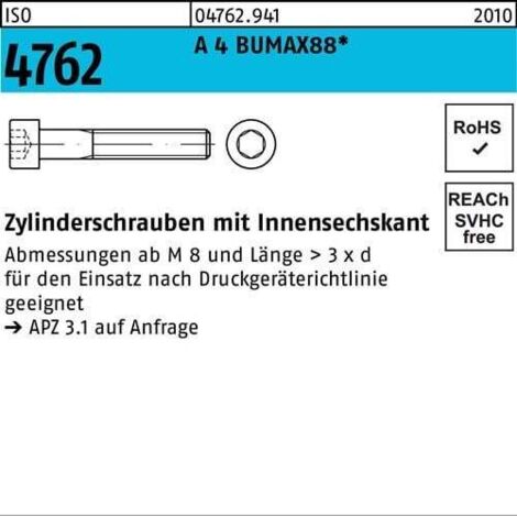 Zylinderschraube ISO 4762 Innen-6kt M8x 20 A 4 BUMAX88 50 Stück BUFAB (1/2)
