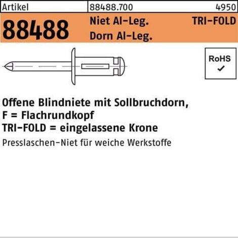 Blindniete R 88488 Flachrundkopf 4,8x22,2 Niet Alu/Dorn Alu 250St. GESIPA (1/2)