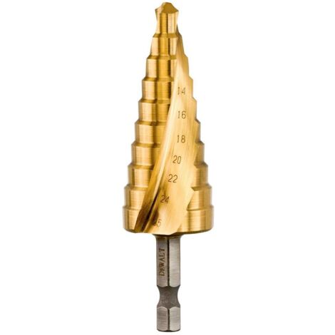 Dewalt – Fraise étagée pour perceuse 14-25 mm – Pour acier, inox, bois et PVC – Emmanchement hexagonal 1/4' – Revêtement titane - DT5030-QZ