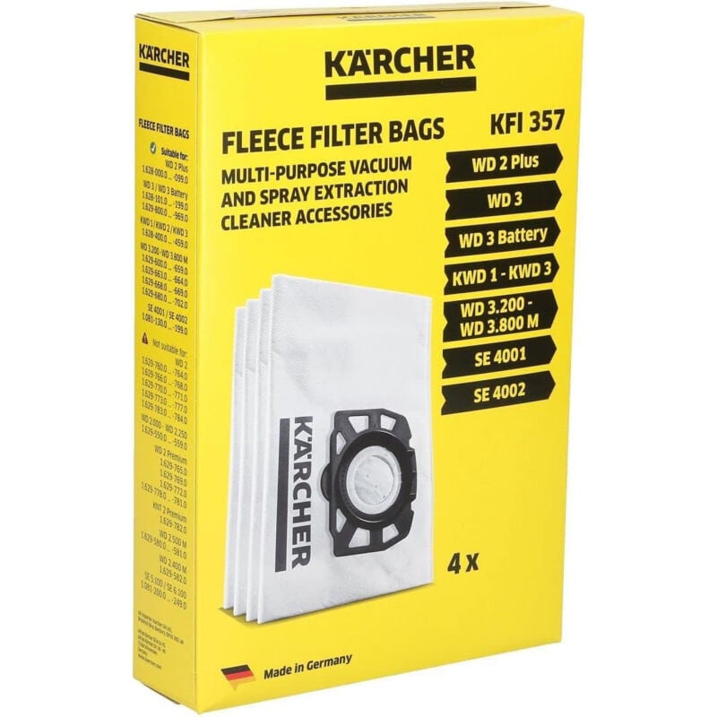 KÄRCHER 2.863-314.0 Lot de 4 sacs filtrants non tissés KFI357 pour aspirateur sec humide