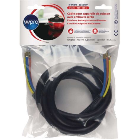 Wpro – Câble électrique H07 RNF 3G6 pour appareils de cuisson – Longueur 1,45 m – Tension 450/750 V – Installation flexible sans prise - CAB360 (1/5)
