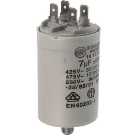 Candy – Condensateur de démarrage 7µF pour sèche-linge – Tension 400-450V – Fixation vis M8 – Cosses 6.35x8 mm – 416171164
