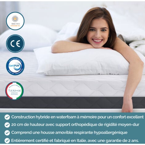 TANHK Matelas à mémoire 140x190, 20cm, Mi-ferme, Orthopédique, Hypoallergénique, Housse amovible, Fabriqué en Italie