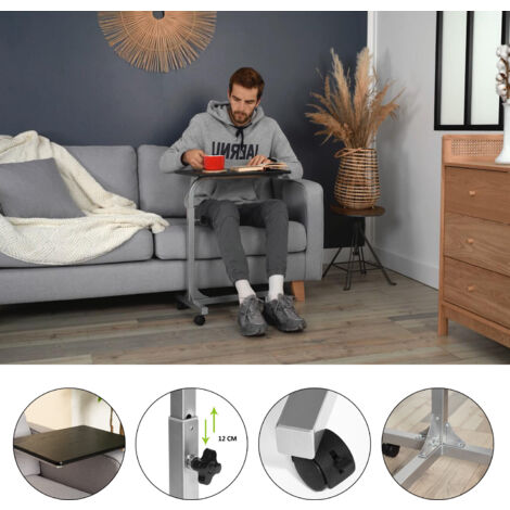 MEUBLES COSY Laptop Overbed Table Height Adjustable Sofa Side Table - with 4 Lockable Casters PC Stand - for Living Room Office Bedroom Desk, Metal, Black, 48x37x79 cm
