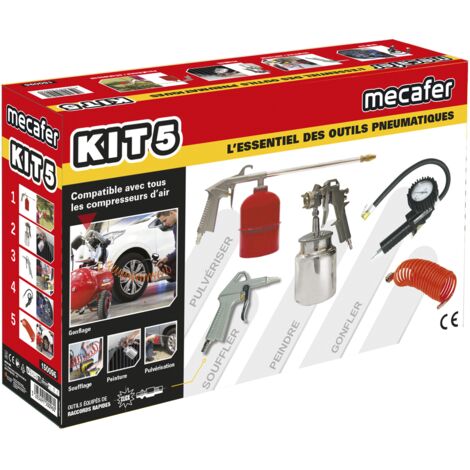 Mecafer – Kit d'accessoires pour compresseur 5 pièces – Pistolet peinture 1L – Soufflette avec bec court – Débit d'air 200 L/min à 3,5 bar (1/2)