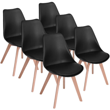 Pack 6 sillas de comedor negras, diseño moderno, sillas tulip para salon, oficina, sala de estar, despacho o terraza, respaldo ergonómico, asiento acolchado y patas de madera, negro