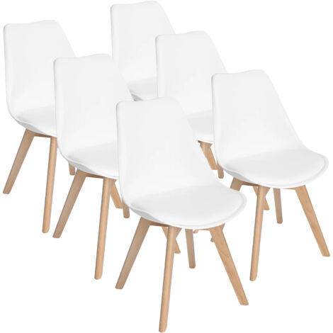 Pack 6 sillas de comedor blancas, silla de cocina, salon o terraza, diseño nordico, silla tulip, respaldo ergonomico y asiento acolchado con cojin, estilo escandinavo, color blanco, 6 unidades