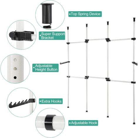 Porta Abiti Telescopico, Appendiabiti da soffitto a soffitto Armadio Appendiabiti telescopico Angolare Organizzazione Guardaroba, Organizer per Armadio, Regolabile 1.1-3.1m,Nero,3 Poles 4 Crossbar